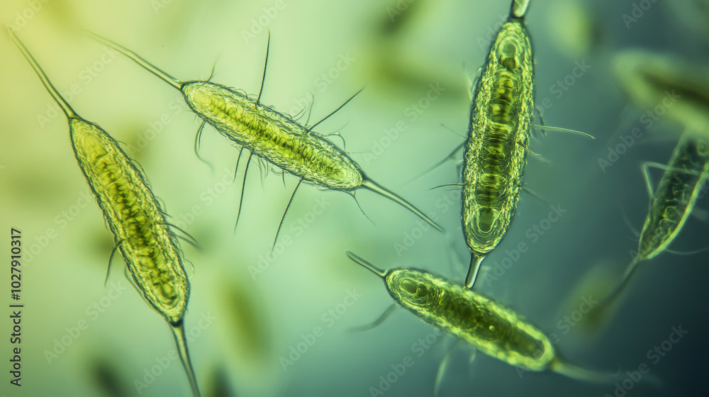 Tiny green algae, possibly Chlamydocapsa, are growing and multiplying in water. This image shows a live cell under a microscope, focusing on its details.