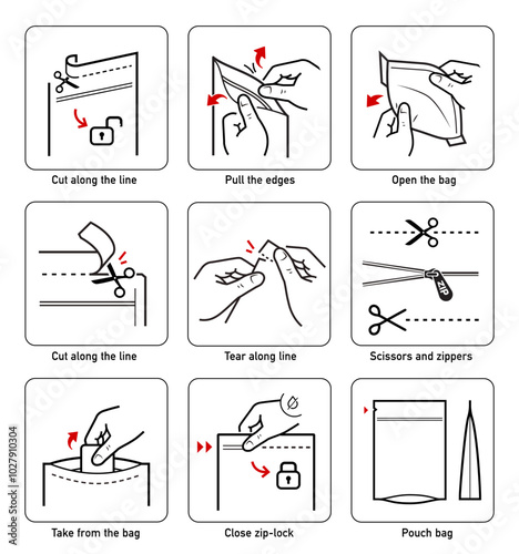 A set of icons for opening zip locks, tear notch on packaging. Zip and scissors vector icon set. Each icon perfect for your food bags, clothes vacuum bags, handbags, slider bags, ziplock bag. EPS10.