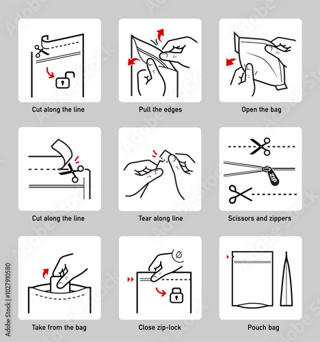 A set of icons for opening zip locks, tear notch on packaging. Zip and scissors vector icon set. Each icon perfect for your food bags, clothes vacuum bags, handbags, slider bags, ziplock bag. EPS10.