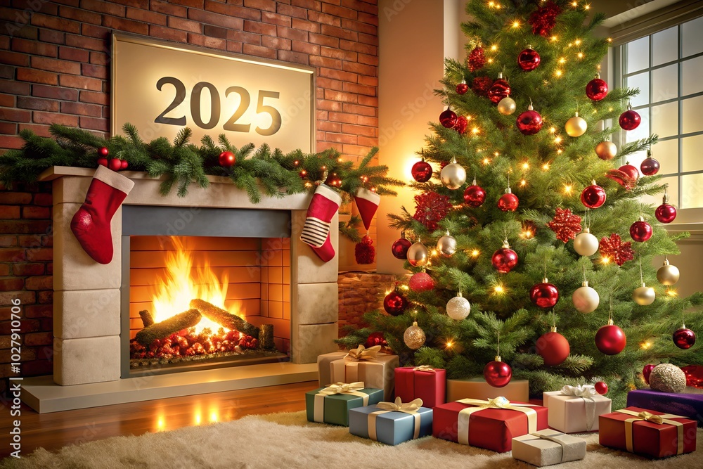 Cozy living room with a beautifully decorated Christmas tree, stockings, and a fireplace with a 