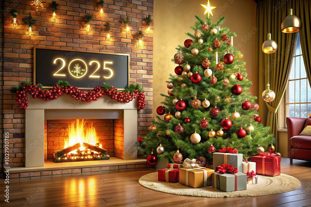 Brightly lit Christmas tree with red and gold ornaments next to a festive fireplace, with the year 