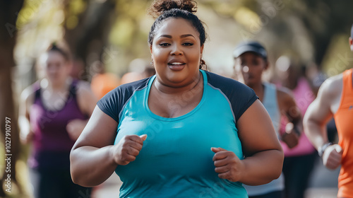 A plus-size woman participating in a charity marathon running confidently with determination surrounded by other athletes.