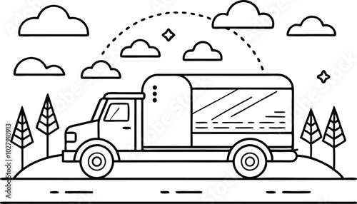 Coloring book page, truck in the road black and white outline vector illustration photo