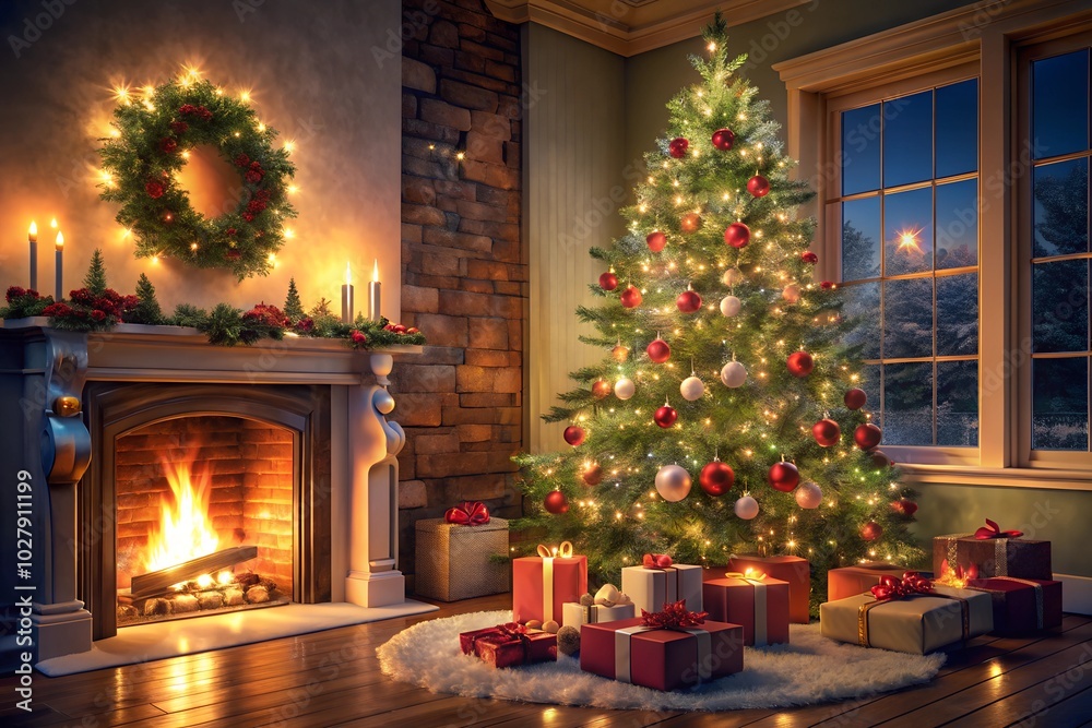 Warm and festive Christmas interior with a beautifully decorated tree and cozy fireplace. A perfect setting for holiday celebrations and seasonal designs. Warm and festive Christmas interior with a beautifully decorated tree and cozy fireplace. A perfect setting for holiday celebrations and seasonal designs.