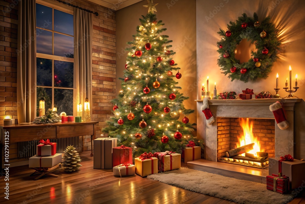Warm and cozy Christmas interior with a decorated tree and glowing fireplace. Perfect for holiday celebrations and festive home decor designs. Warm and cozy Christmas interior with a decorated tree and glowing fireplace. Perfect for holiday celebrations and festive home decor designs.