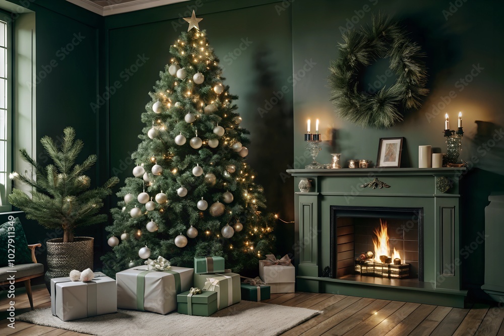 Modern Christmas tree decorated with white ornaments next to a green fireplace. The cozy room is filled with wrapped presents, creating a festive and stylish holiday atmosphere. Modern Christmas tree decorated with white ornaments next to a green fireplace. The cozy room is filled with wrapped presents, creating a festive and stylish holiday atmosphere.