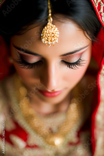 An indian bride dressed in traditional attire stands gracefully, showcasing the intricate designs and vibrant colors of her cultural costume.