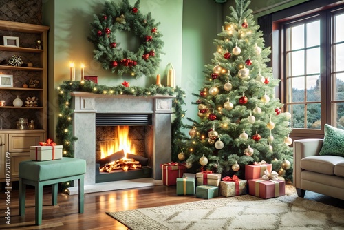 Festive Christmas tree and fireplace decorated with garlands and ornaments. The room exudes warmth with presents stacked beneath the tree, creating a magical holiday scene.