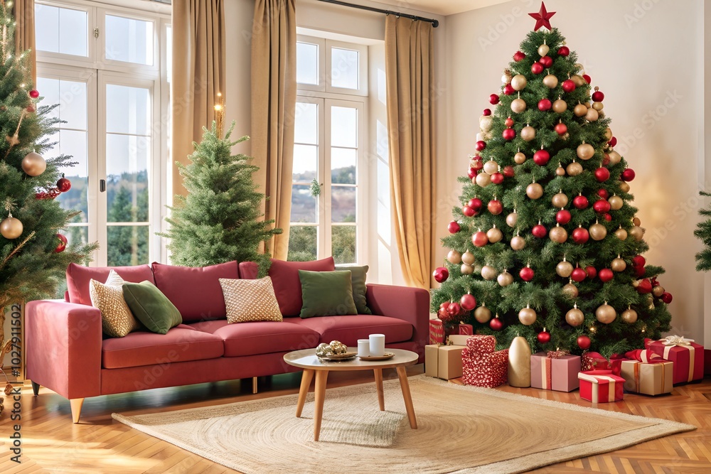 Bright and cozy living room with a decorated Christmas tree, red couch, and glowing fireplace. The space exudes festive charm with neatly wrapped gifts under the tree. Bright and cozy living room with a decorated Christmas tree, red couch, and glowing fireplace. The space exudes festive charm with neatly wrapped gifts under the tree.