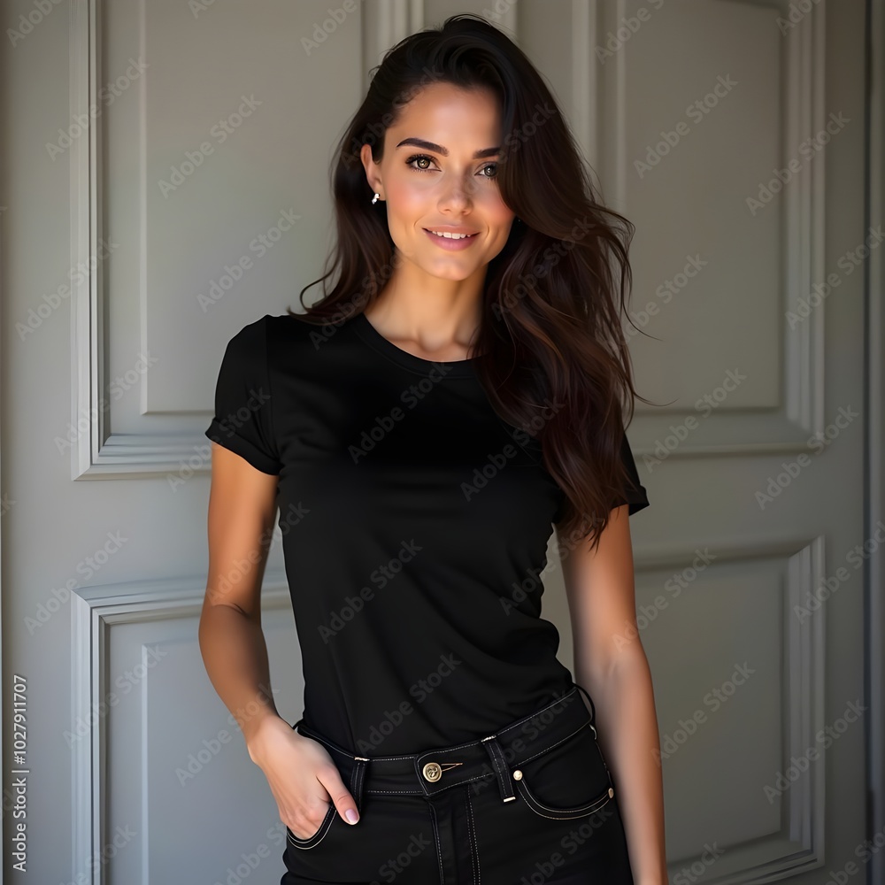 Beautiful Woman in a Black T-Shirt and Jeans. Beautiful Woman in a Black T-Shirt and Jeans.