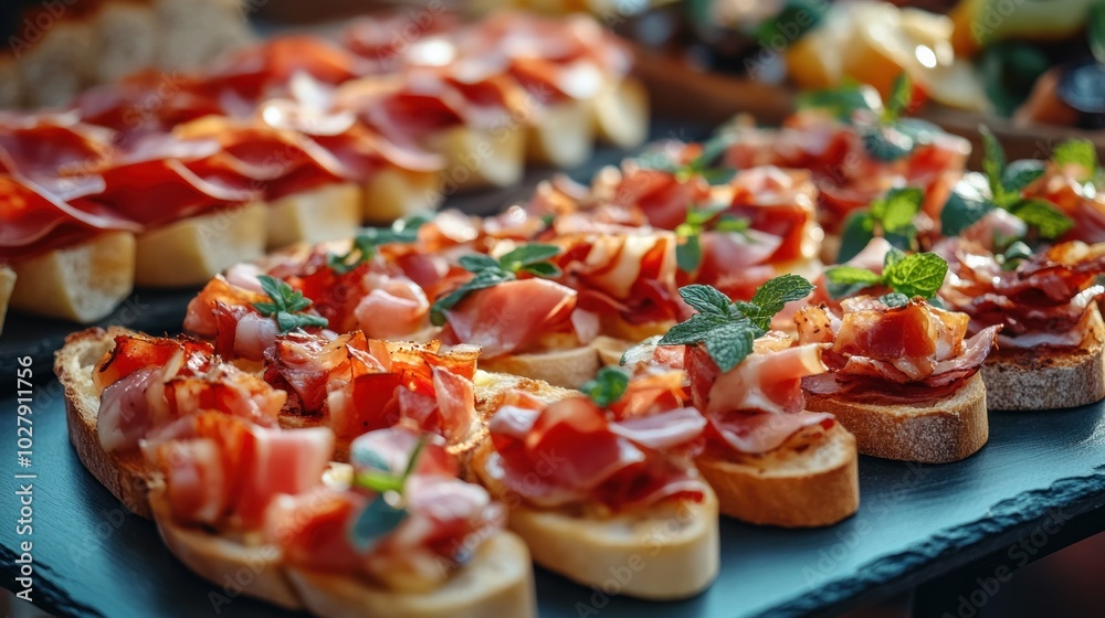 snack and appetizer buffet table provided by the caterer. A selection of canapés featuring cheese, pears, bruschetta, jamon, and mint snack and appetizer buffet table provided by the caterer. A selection of canapés featuring cheese, pears, bruschetta, jamon, and mint