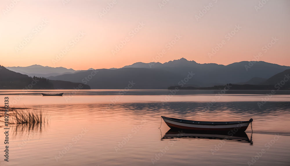 Obraz premium Peaceful Sunset over Mountain Lake with Boat