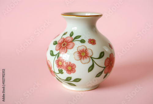 White ceramic vase with pink flowers on pink background.