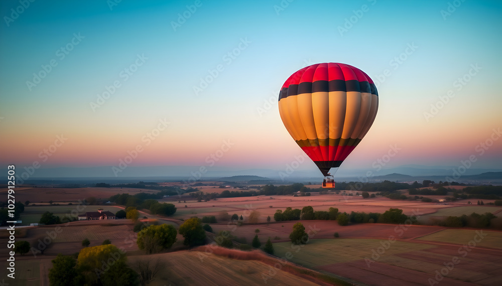 Fototapeta premium Hot Air Balloon Soaring Over Rural Landscape at Sunset.
