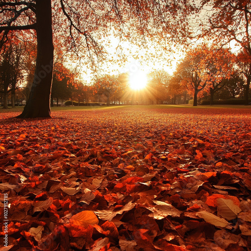 Beautiful orange leaves have fallen in the park, creating a stunning autumn scene. photo