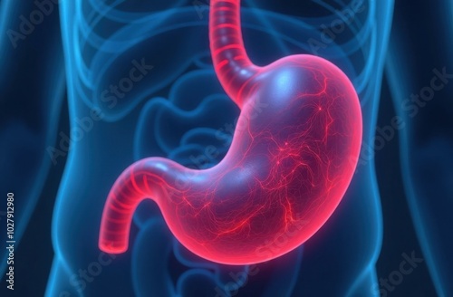 Human stomach showing nervous system in red glowing anatomy