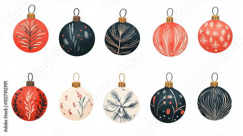 flat 2D vector illustration set, beautiful decorated christmas bauble isolated on white background. Set of beautiful Christmas decoration. Christmas elements, design for Christmas card, greeting card.