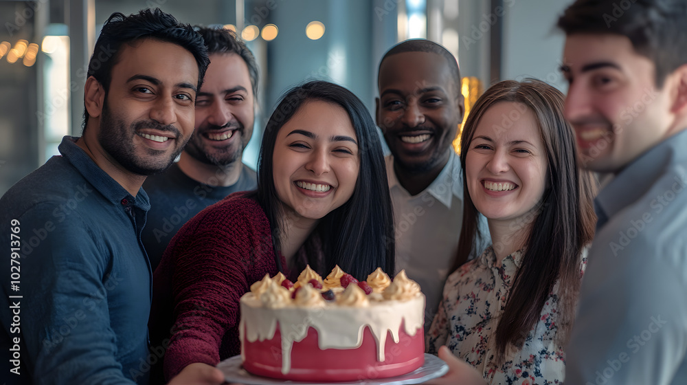 Obraz premium A team of coworkers from different ethnicities and backgrounds celebrating an office anniversary with cake and smiles in a relaxed atmosphere.