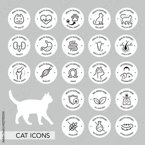 A set of icons for cat. The components of a dog's health. The outline icons are well scalable and editable. Contrasting elements are good for different backgrounds. EPS10.	