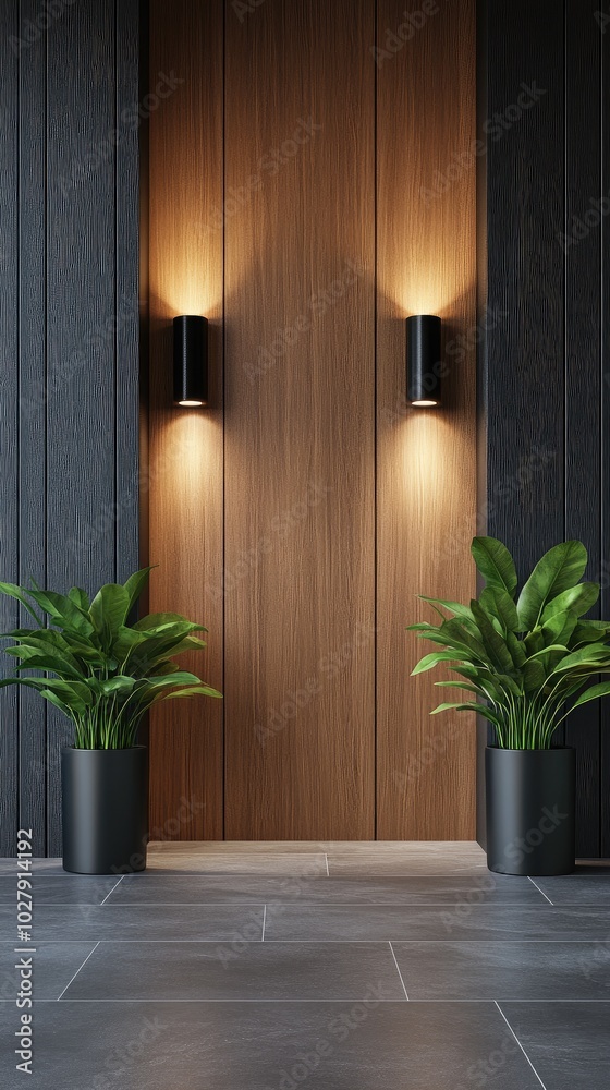 This stylish front door showcases a sleek design with wood and glass elements framed in black aluminum, enhanced by potted plants and ambient LED lighting for a modern look. This stylish front door showcases a sleek design with wood and glass elements framed in black aluminum, enhanced by potted plants and ambient LED lighting for a modern look.