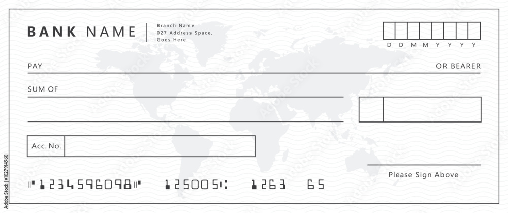 White bank check cheque voucher mockup with world amp