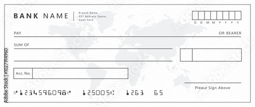 White bank check cheque voucher mockup with world amp