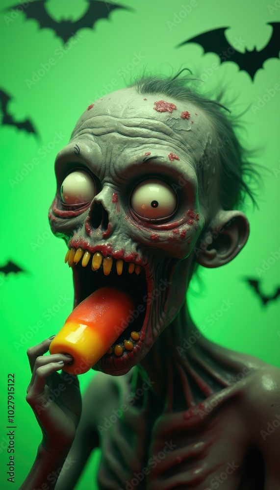 A zombie head with an over-the-top shocked expression, holding a candy corn in its mouth, on the right side. Background is a neon green with cute bats flying around. A zombie head with an over-the-top shocked expression, holding a candy corn in its mouth, on the right side. Background is a neon green with cute bats flying around.