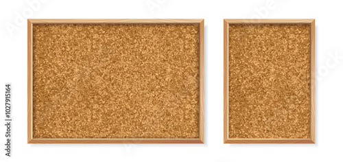 Set of cork boards. Wall cork boards with brown texture in wooden frames. Business Reminder Boards for Office and School. Realistic 3D vector illustration collection isolated on white background