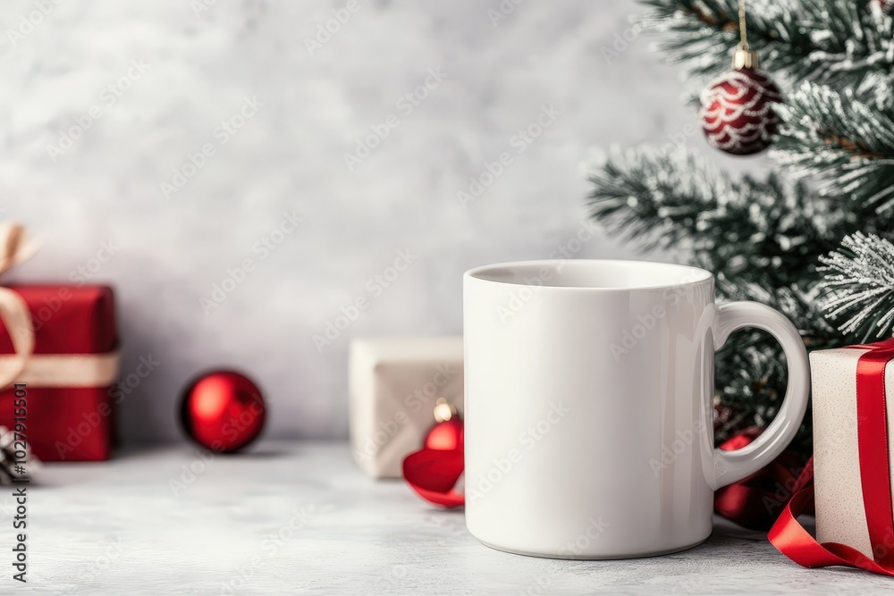 Cozy holiday scene with a blank mug, beautifully wrapped gifts, and a decorated Christmas tree on a winter afternoon Cozy holiday scene with a blank mug, beautifully wrapped gifts, and a decorated Christmas tree on a winter afternoon