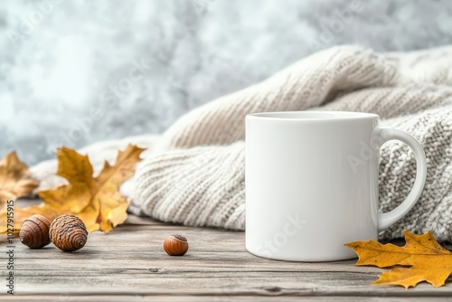 A cozy autumn setting featuring a white mug, warm knit fabric, and fallen leaves on wooden table