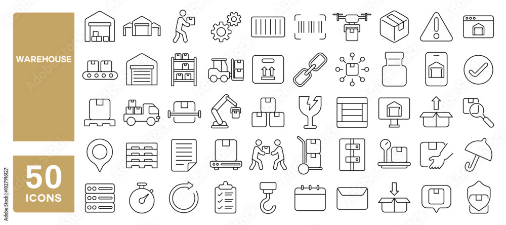 Set of 50 line icons related to warehouse, storage, stock, basement, depot, package, crate, box, inventory, Editable stroke. Vector illustration Set of 50 line icons related to warehouse, storage, stock, basement, depot, package, crate, box, inventory, Editable stroke. Vector illustration