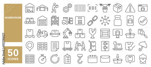 Set of 50 line icons related to warehouse, storage, stock, basement, depot, package, crate, box, inventory, Editable stroke. Vector illustration