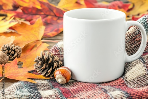 A cozy autumn setting featuring a white mug surrounded by colorful leaves, pinecones, and an acorn on a plaid blanket