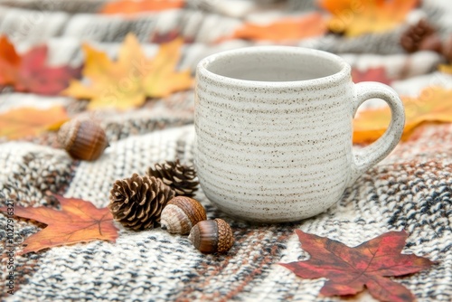 A cozy mug rests among autumn leaves, pine cones, and acorns on a warm knitted blanket during a serene fall afternoon