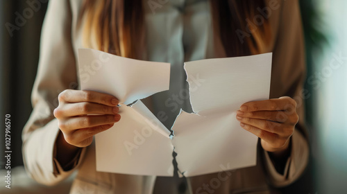 A woman in office clothes holds a contract torn into two pieces in front of her. Close-up of hands holding torn sheets of paper. Destruction of documents, termination of contract.