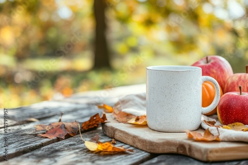 Enjoying a cozy autumn morning with a warm drink and fresh apples on a wooden table surrounded by colorful fall leaves