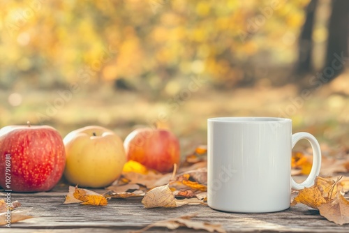 A cozy autumn setting featuring a white mug beside fresh apples on a wooden surface surrounded by fallen leaves