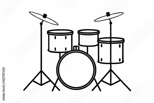 Drum set Coloring Page for Kids, Bold Line Art, White Background
