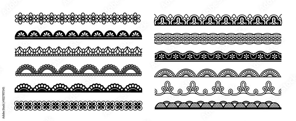 Scallop edge lace borders set. Black seamless patterns with dividers for frames or frill ribbons. Ornate lacework or trim decoration. Flat vector illustration collection isolated on white background