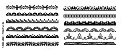 Scallop edge lace borders set. Black seamless patterns with dividers for frames or frill ribbons. Ornate lacework or trim decoration. Flat vector illustration collection isolated on white background