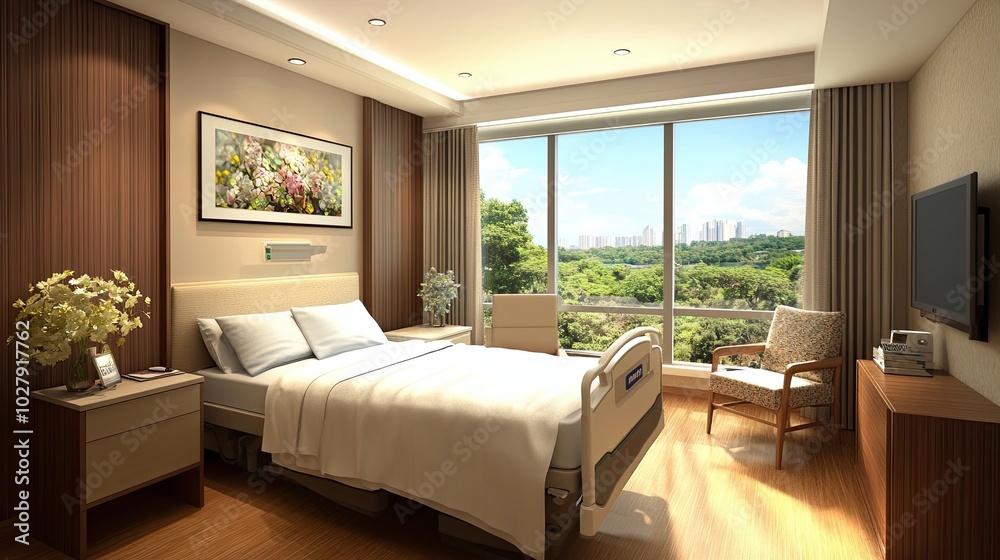 Fototapeta premium Modern luxury cosy hospital room with an empty bed for the patient and modern medical equipment. Private medical facility with professional services. Illustration for advertising, marketing, etc.