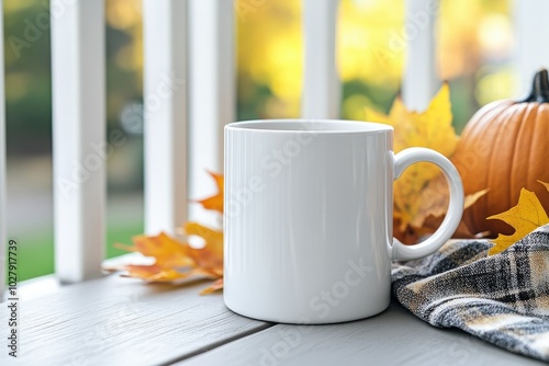 A warm cup sits on a wooden table surrounded by autumn leaves and a small pumpkin on a cozy outdoor porch during fall