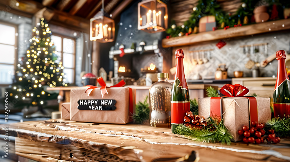 Christmas presents in a rustic wooden kitchen with christmas tree in the background. Greeting card with Happy New Year lettering Christmas presents in a rustic wooden kitchen with christmas tree in the background. Greeting card with Happy New Year lettering