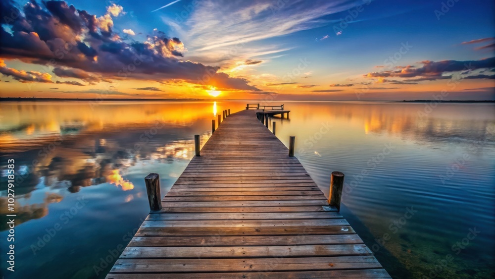 Fototapeta premium Scenic Wooden Pier Over Calm Waters at Sunset Evening Reflection in Nature
