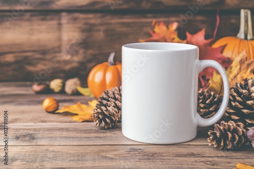 A cozy autumn setting featuring a blank mug surrounded by pumpkins, pine cones, and colorful leaves on a wooden table
