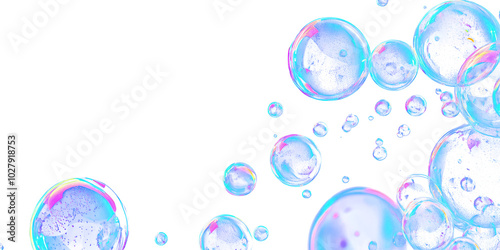 Many White soap bubbles float in air pattern on transparent cutout background, PNG file. Mockup clipart template