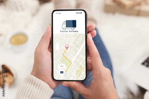 Modern courier delivery at home, shopogolic and online shopping. Hands of lady holding smartphone with mobile app and map to track the order on digital screen on blurred background, collage, cropped