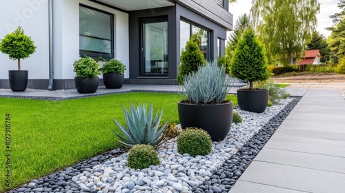 This modern front garden showcases elegant black plant pots filled with succulents, surrounded by gray pebbles and a round stone planter, perfect for small outdoor spaces. photo