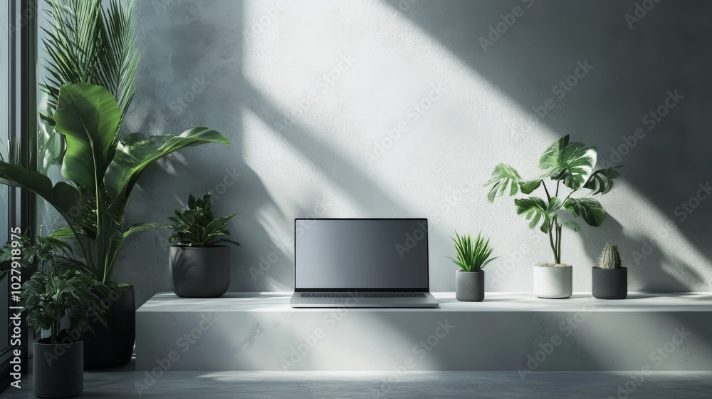 Minimalist Home Office with Laptop and Plants