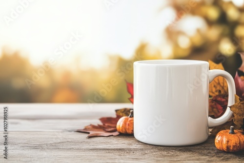 Cozy autumn scene featuring a white mug surrounded by colorful leaves and small pumpkins in a serene natural setting